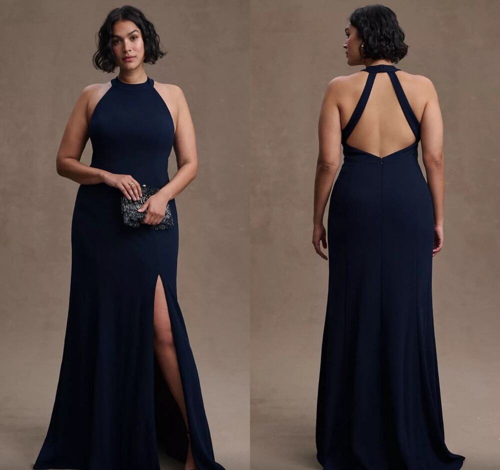 BHLDN Lennox Dress Size 16 Navy Bridesmaid Wedding Halter Side Slit Crepe Gown